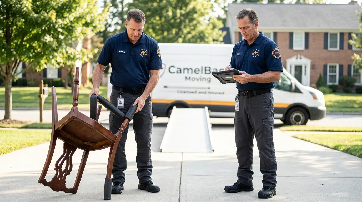 Movers inspecting furniture for damage prevention before loading in Lake Wales, FL