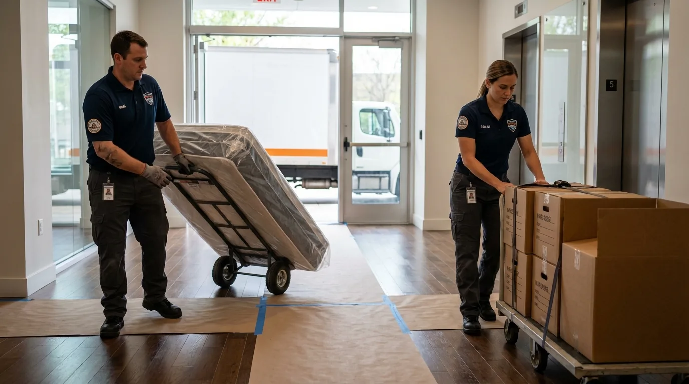 Professional apartment movers loading elevator in Lake Wales, FL