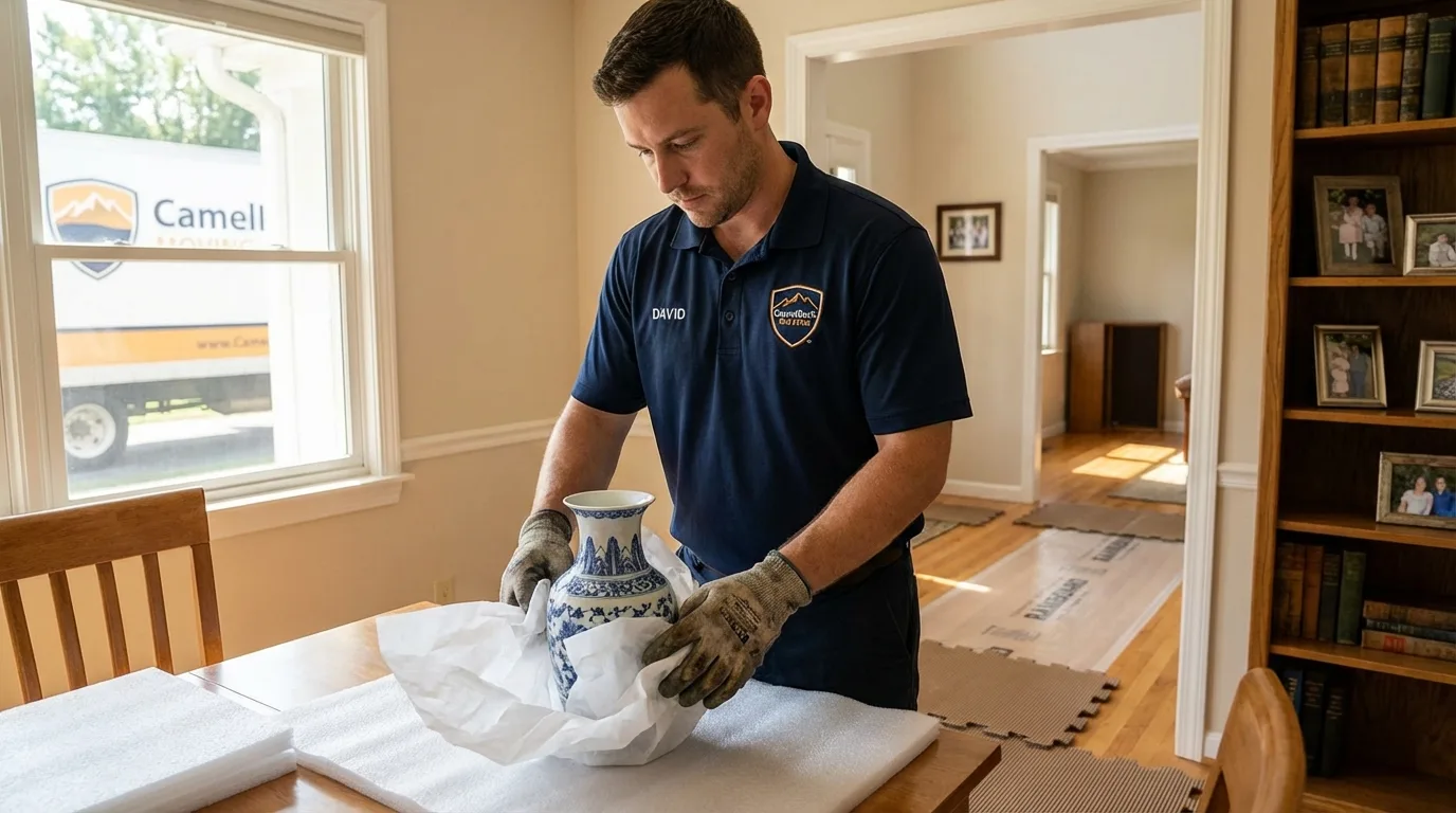 Professional crew carefully wrapping antique vase for senior downsizing move in Lake Wales, FL